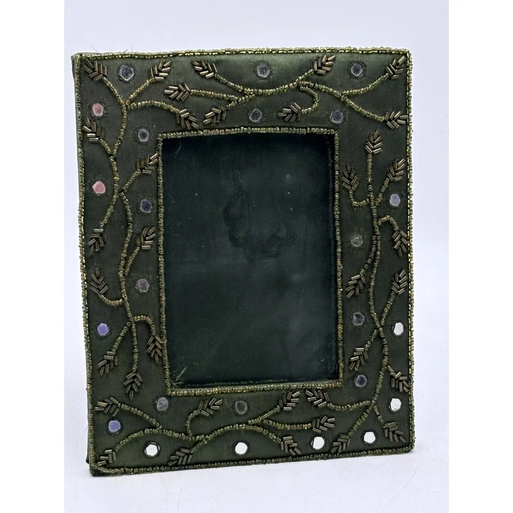 Pier 1 Velvet Beaded Picture Frame Green Rhinestone Jeweled Boho 5x7